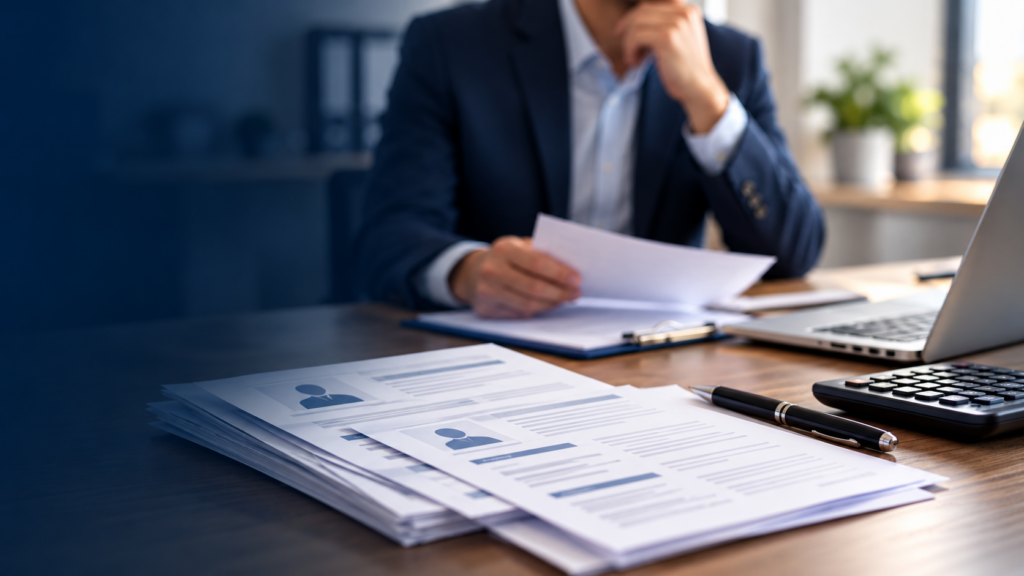 Professionista HR al lavoro su CV e documenti di selezione del personale, con calcolatrice e computer sulla scrivania.